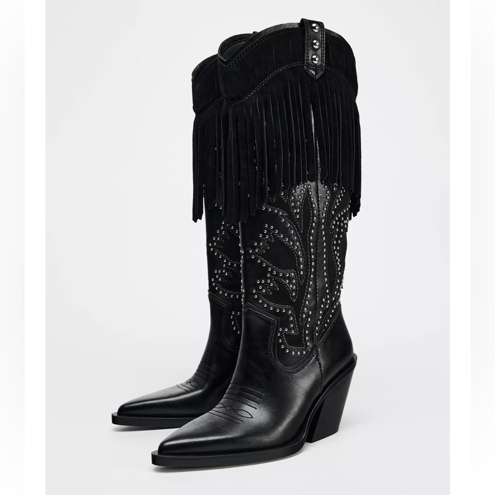 Zara Fringed Studded Cowboy Boots
